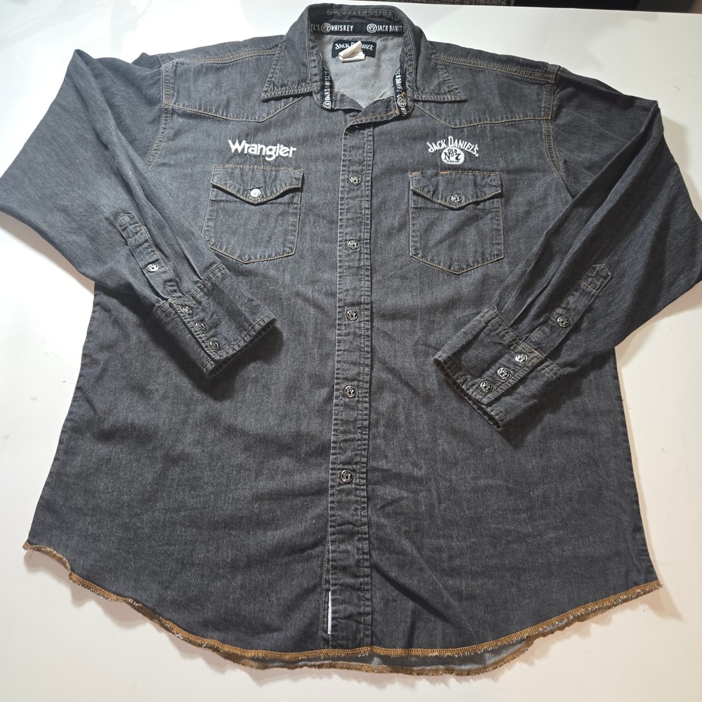 Wrangler Jack Daniels Mens Black Denim Western Pearl Snap Shirt L MJD331X